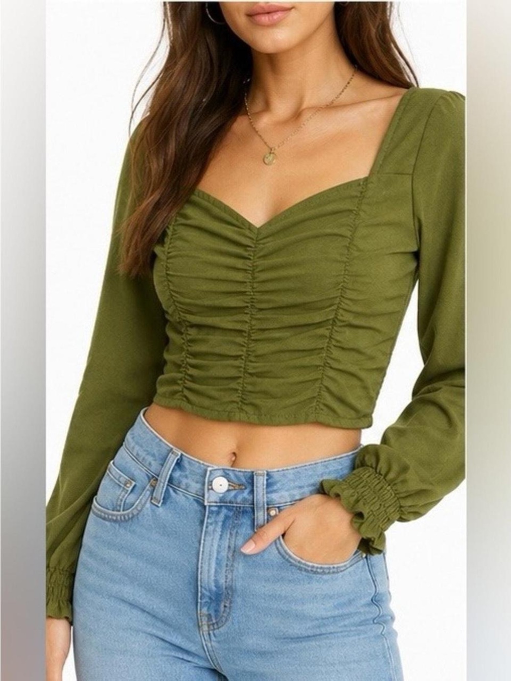 NWOT Ruched Olive Green Square-Neck Crop Top